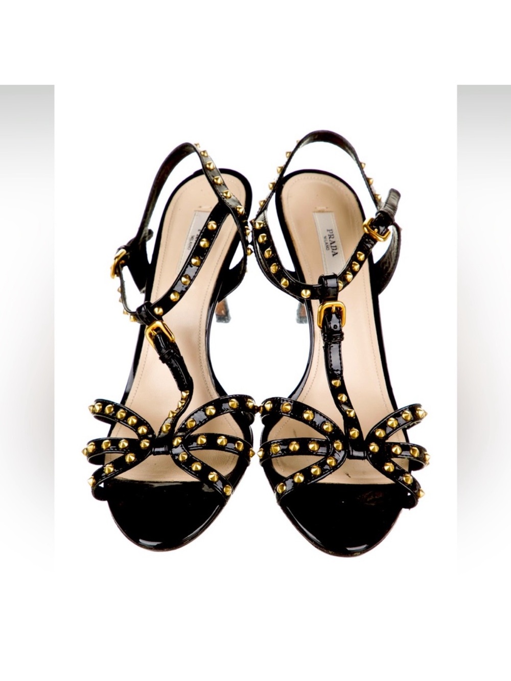 Prada Gold Rock stud accent black  T-Strap Heels, sandals  9 IT39